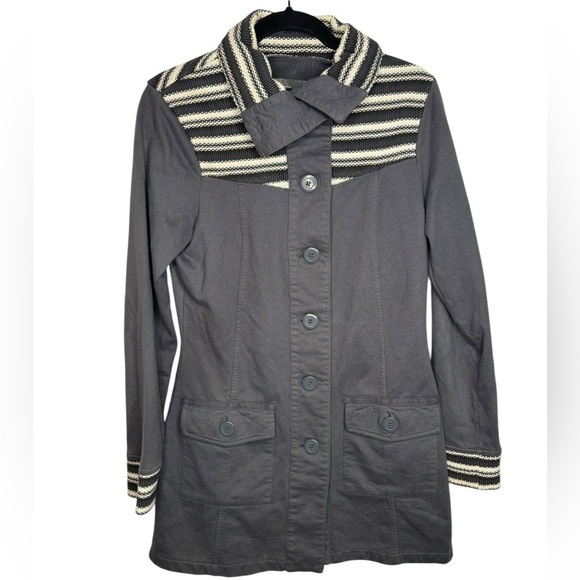Prana Rowen Gray Woven Striped Button Front Fleece Longline Trench Jacket - Picture 1 of 9